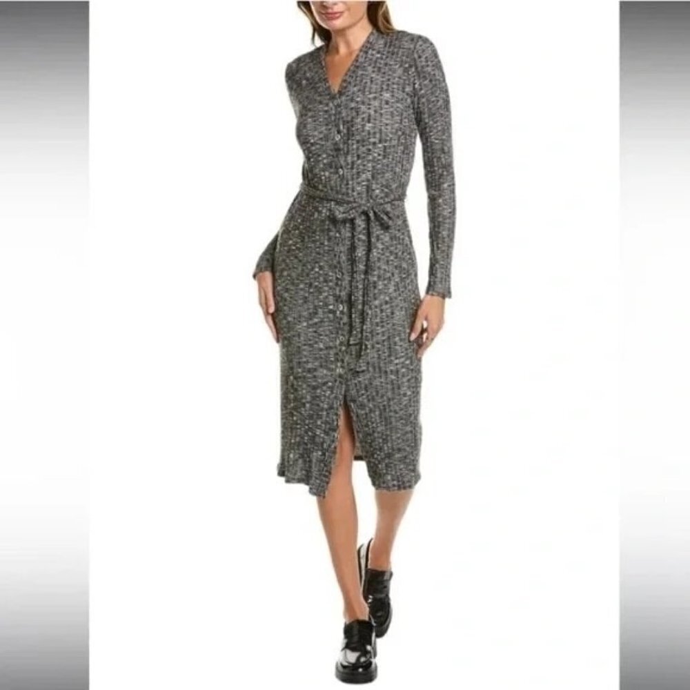 Michael Stars Isa Ribbed Cardigan Belted Midi Dress Marled Gray Plus Size 2X